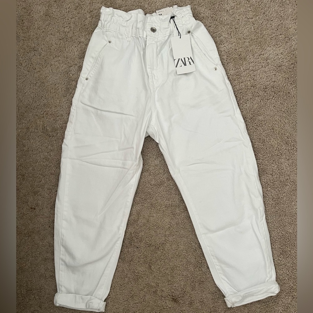 Zara Baggy Paperbag White Jeans